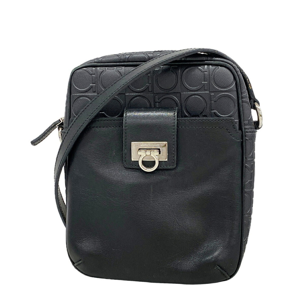 Salvatore Ferragamo Gancini Leather Shoulder Bag, Black, Women's
